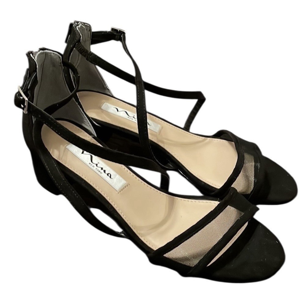 Nina Women's Black Satin Ginette Mesh‎ Block Heel Ankle Strap Handles Size 6M